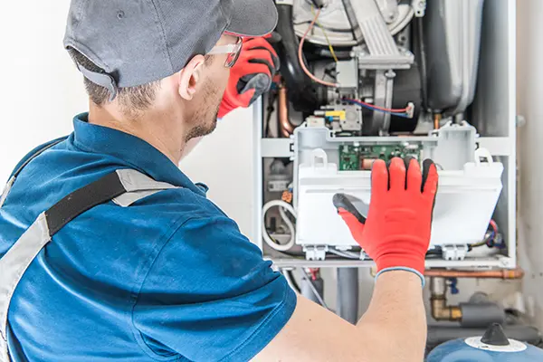 HVAC technician working on a furnace repair