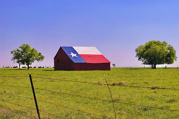 Barn in a field with the Texas state flag painted on the roof